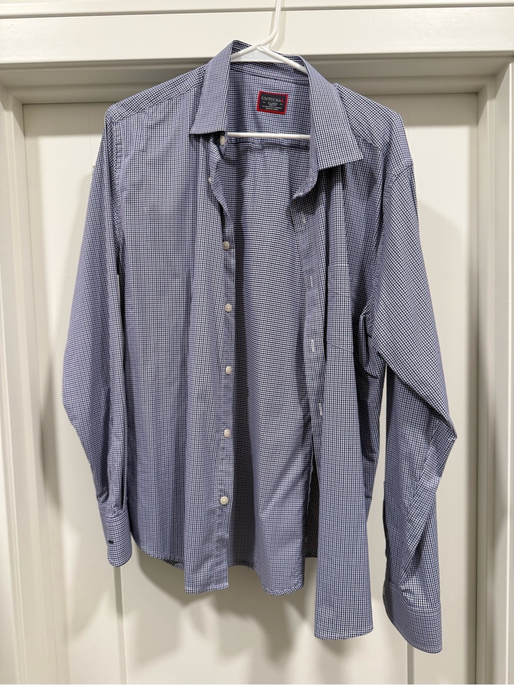UNTUCKit Navy and White Micro-Check Long Sleeve Dress Shirt